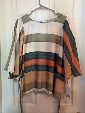 Zara Striped Satin Blouse Multicolor with Tie Back - SZ L - NWT